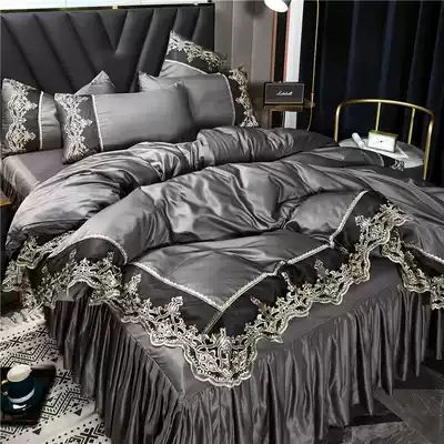 Net celebrity double-sided ice silk bed skirt four-piece silky nude sleeping European summer quilt cover bed single washed silk bed cover