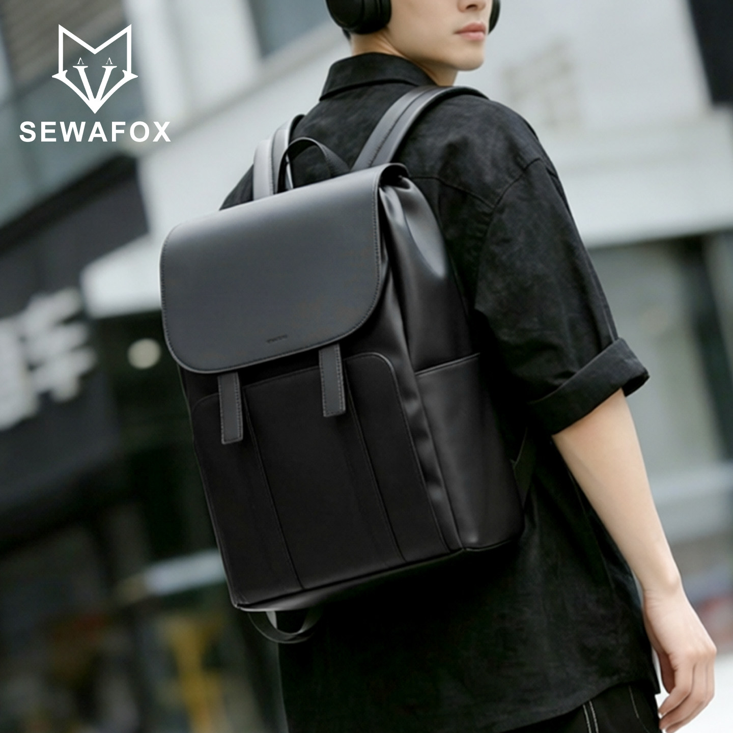 男士高级感皮质双肩包商务通勤翻盖电脑包背包大容量出差旅行书包