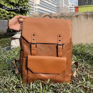 复古休闲双肩包男款皮质通勤防水男大学生书包男士高级感电脑背包