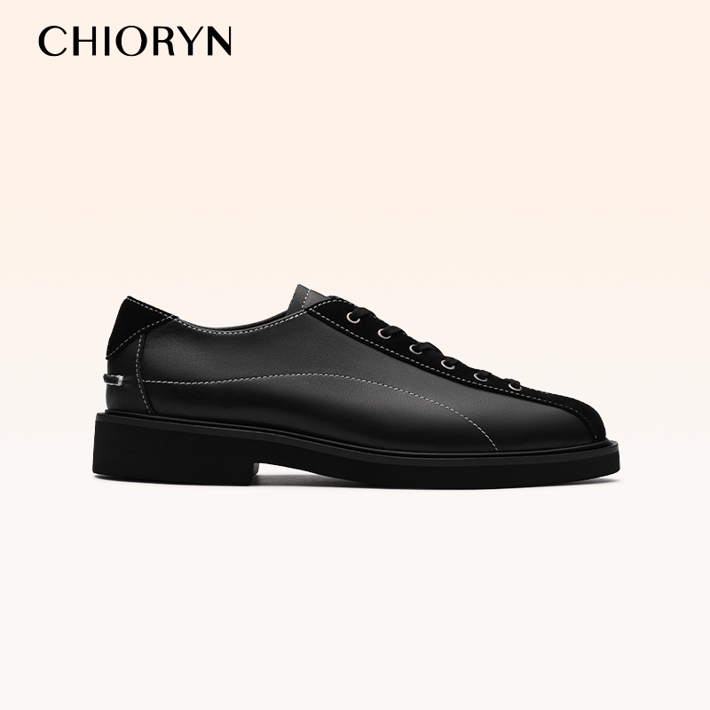 【小牛皮】chioryn青润增高厚底保龄球鞋男LB20黑色系带休闲皮鞋