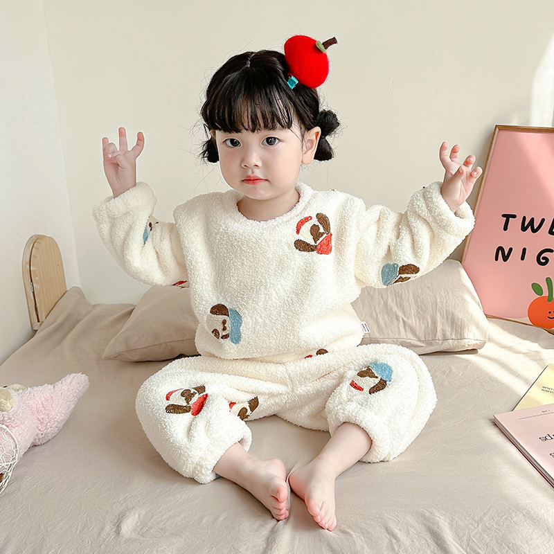 2025新款冬季女童睡衣云朵绒儿童法兰绒家居服套装宝宝加绒珊瑚