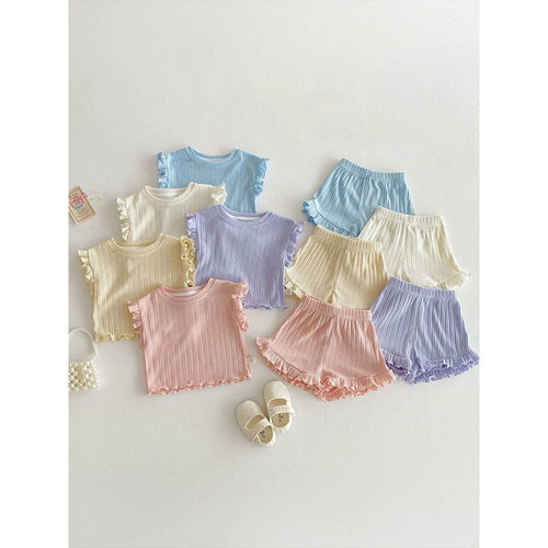 女宝宝夏季套装轻薄透气木耳边纯色韩版ins女童短袖短裤两件套潮