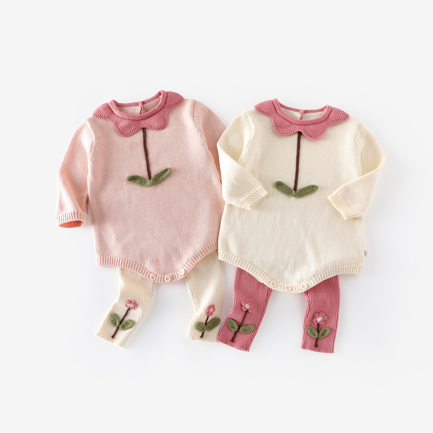 婴儿针织套装2025新款秋季宝宝洋气花朵领包屁衣绣花打底裤两件套