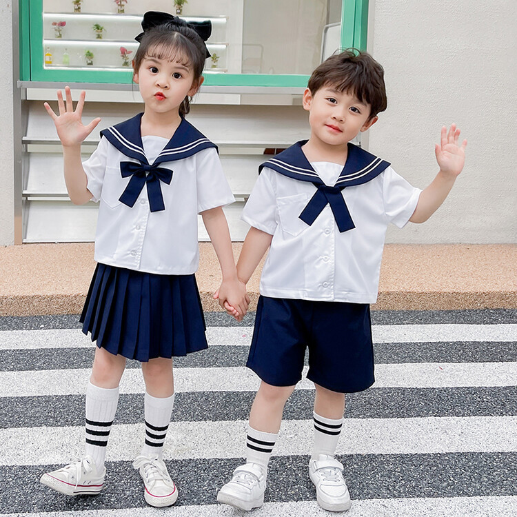 男女童海军风短袖短裤百褶裙套装夏儿童宝宝幼儿园演出服校服