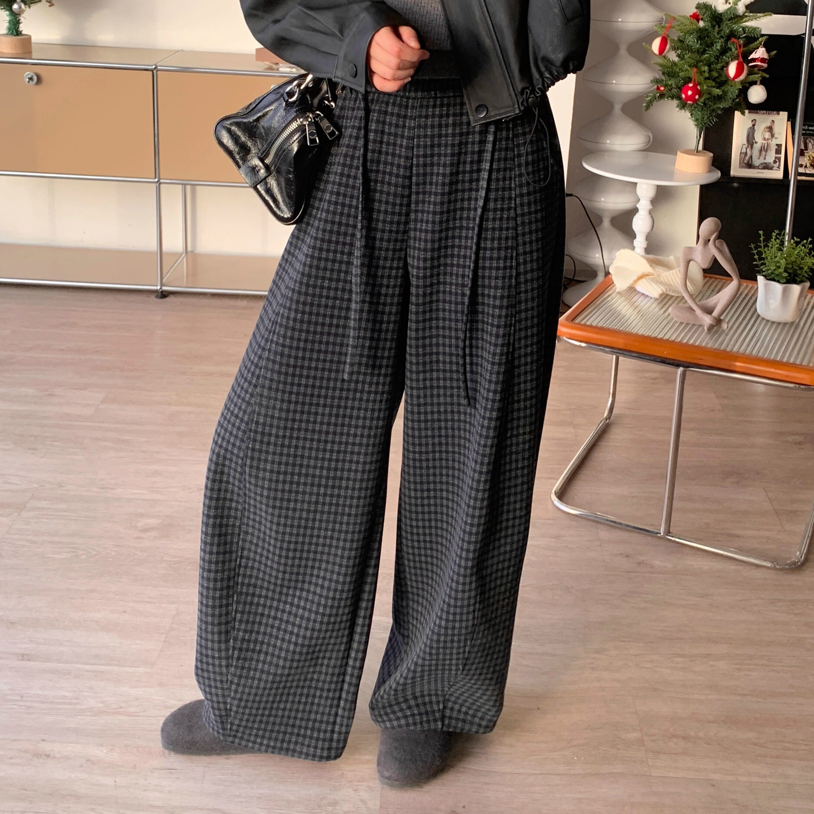 【早八神裤 暖绒英伦格】500G 锁温格子阔腿裤弯刀女长裤高腰显瘦