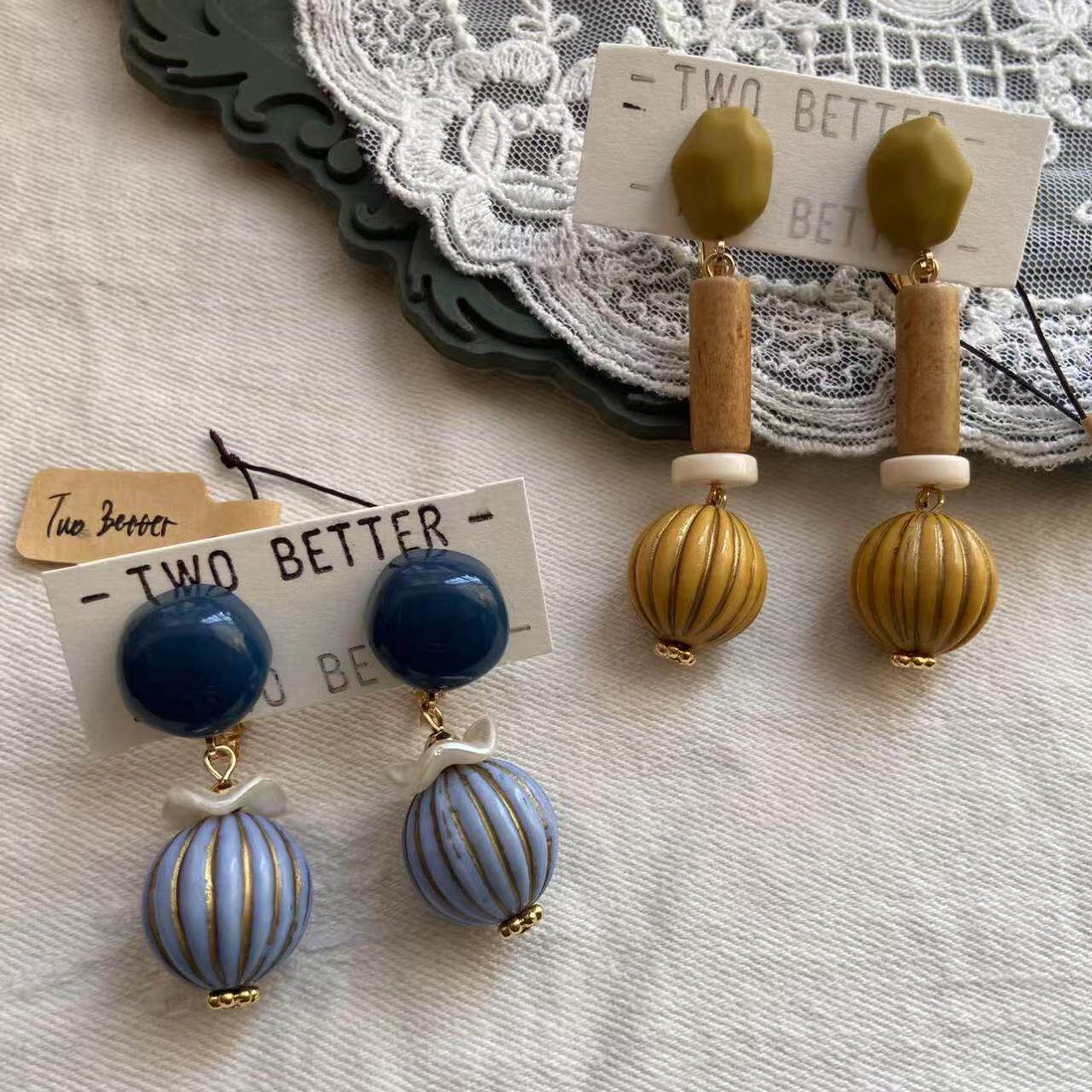 two better原创手工饰品  南瓜款蓝色黄色系可爱复古耳环耳夹耳饰