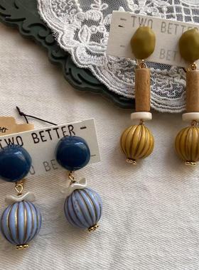 two better原创手工饰品  南瓜款蓝色黄色系可爱复古耳环耳夹耳饰