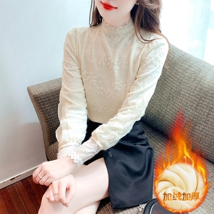 灯笼袖蕾丝衫女2023冬季新款洋气立领网纱内搭加绒加厚打底衫上衣