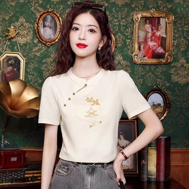 短袖通勤薄款刺绣/绣花棉女