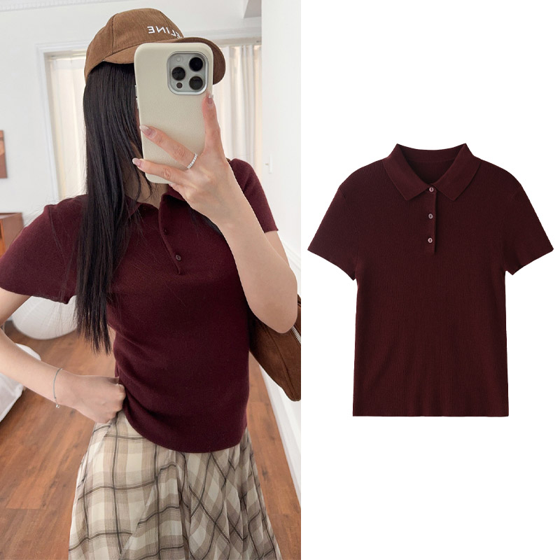 2025夏季新款修身显瘦针织短袖T恤女学院风时尚美式暗红色POLO衫