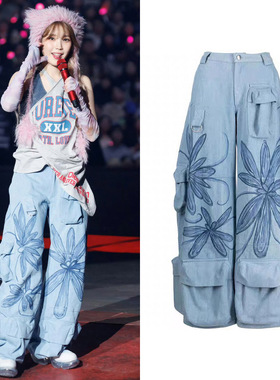 李知恩iu同款蓝色花朵涂鸦多口袋工装牛仔裤女设计感辣妹阔腿长裤