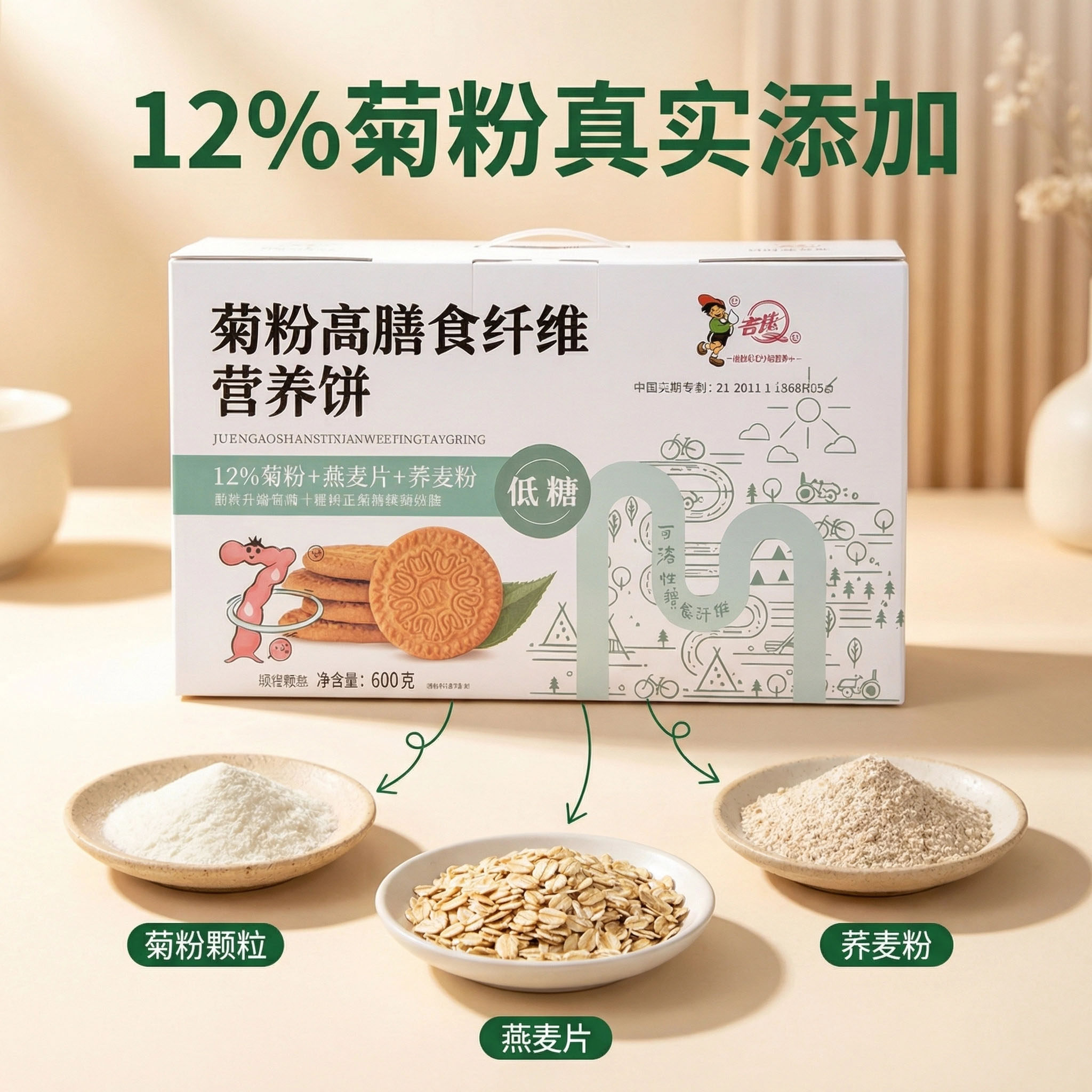 青援菊粉饼干代餐低糖早餐晚餐荞麦粉燕麦片高膳食纤维营养600g