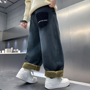 童装男童牛仔裤秋冬款加厚羊羔绒儿童裤子中大童宽松休闲加绒长裤