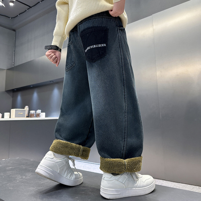 秋冬加绒加厚男童宽松牛仔长裤