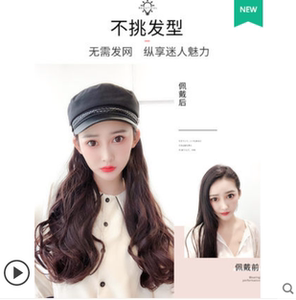 假发女长发网红海军帽子假发一体女时尚长卷发大波浪秋冬全头套式