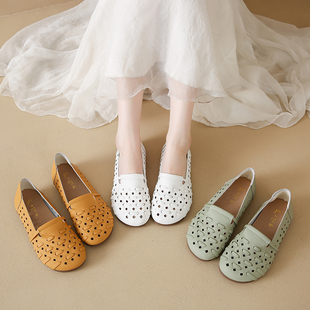 【夏季上新】时尚镂空秀气小皮鞋 软皮软底一脚蹬透气豆豆鞋