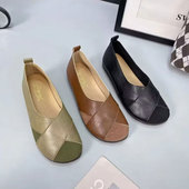 平底防滑皮鞋 圆头超软一脚蹬妈妈鞋 舒适柔软牛筋底单鞋 新款 女 秋季