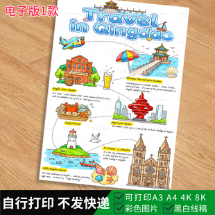 1027-Travel in Qingdao 英文手抄报 青岛海滨城市旅游思维导图