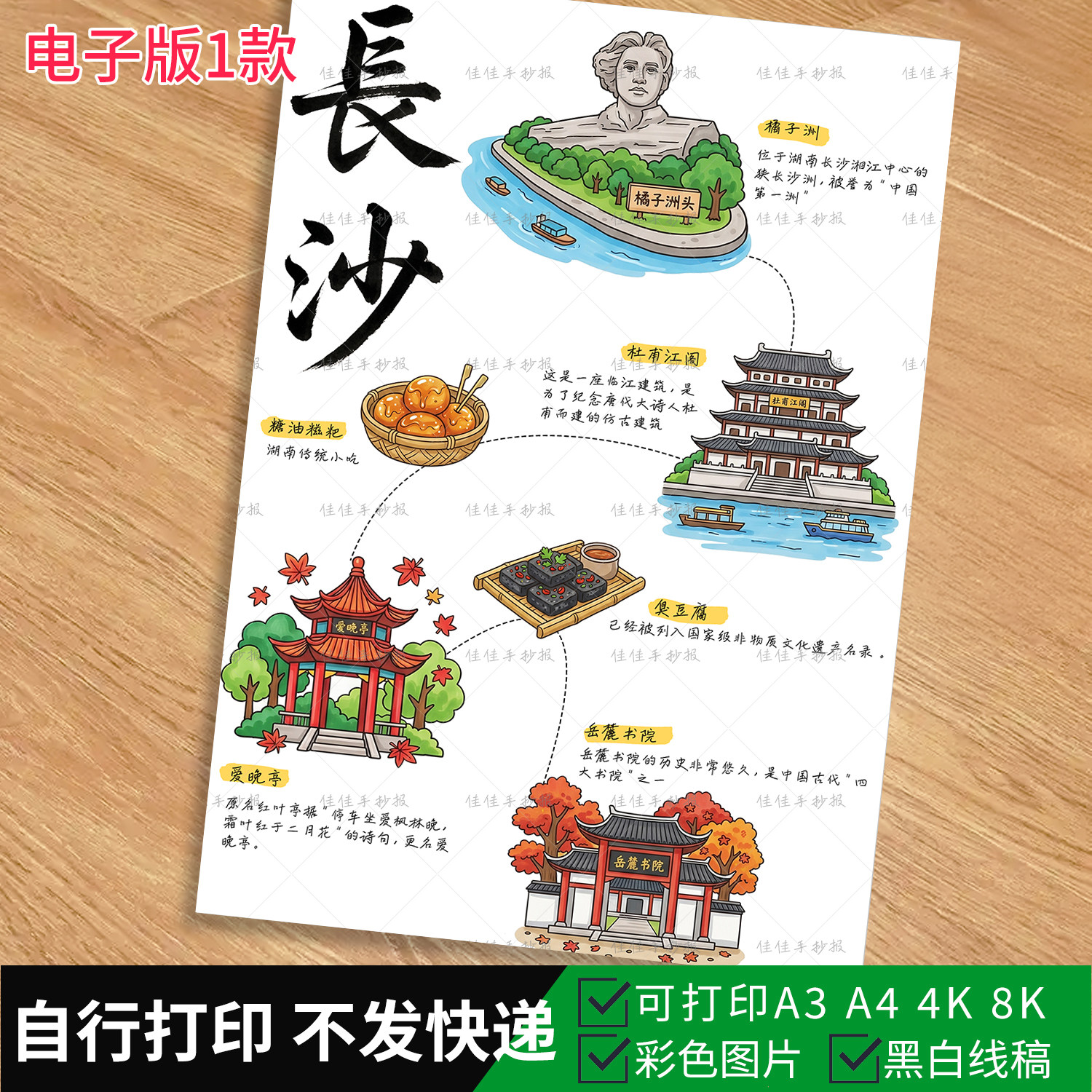 1008-长沙旅行记手抄报模板样图/效果图销售
