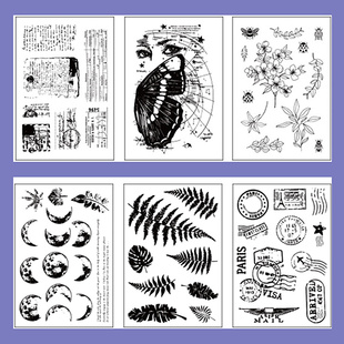 复古硅胶透明印章 DIY装饰手账帐素材橡皮图章英文数植物邮戳蝴蝶