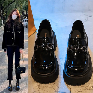 英倫風(fēng)小皮鞋 厚底樂福鞋 女2025春季 新款 一腳蹬增高黑色單鞋