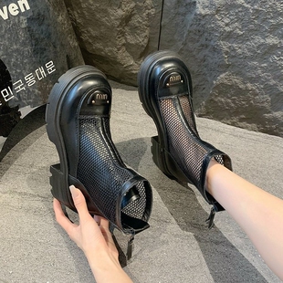 夏季薄款马丁靴女2024新款真皮透气靴子女休闲软底网纱镂空短靴女