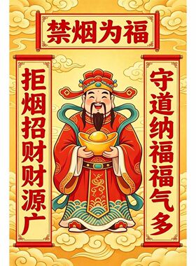 财神爷禁止吸烟告示海报爆款墙贴电梯室内外墙上贴纸自粘防水防晒
