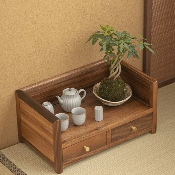 胡桃木茶杯架子茶具收纳架实木桌面茶叶收纳柜带抽屉小型茶书塌