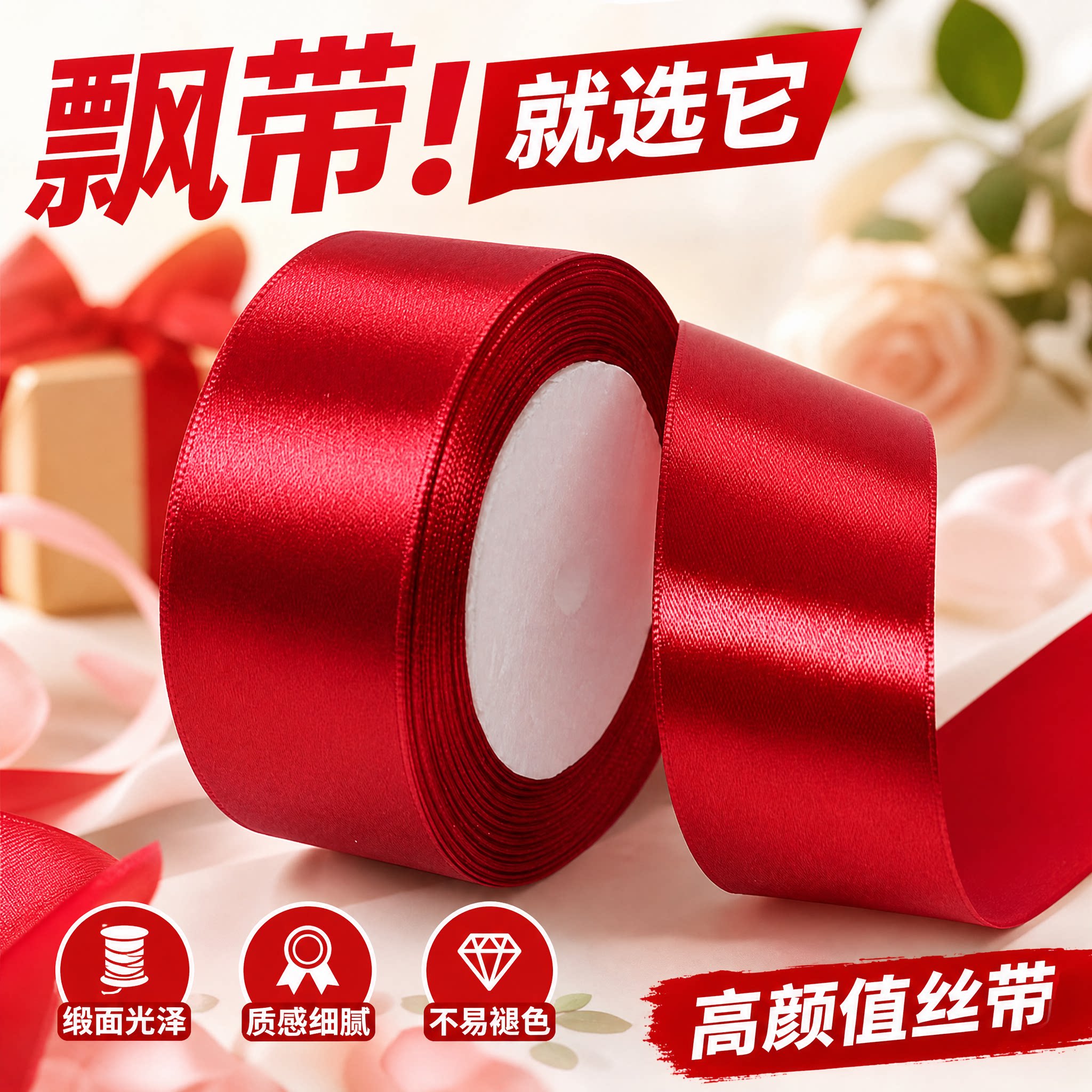 情人节礼品丝带玫瑰花鲜花花束4cm宽装饰带手工DIY编织绳绸带彩带图片