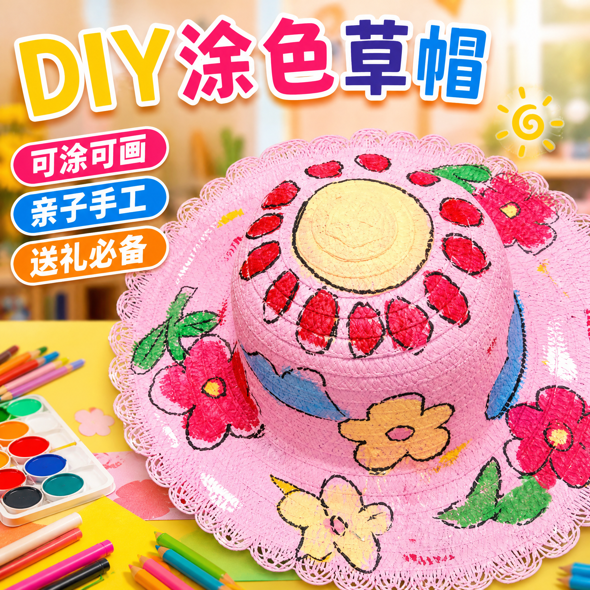 儿童草帽diy 帽子手工制作材料包创意手绘涂鸦幼儿园绘画美术活动