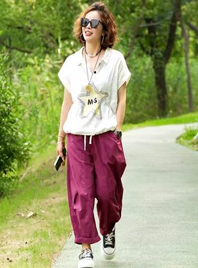 时尚休闲洋气短袖套装女夏款棉麻翻领印花宽松短袖上衣+哈伦裤潮