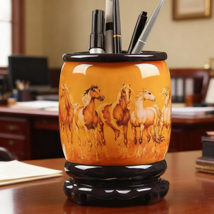 旋转笔筒国风礼品办公室桌面收纳盒文具摆件大号马到成功送领导