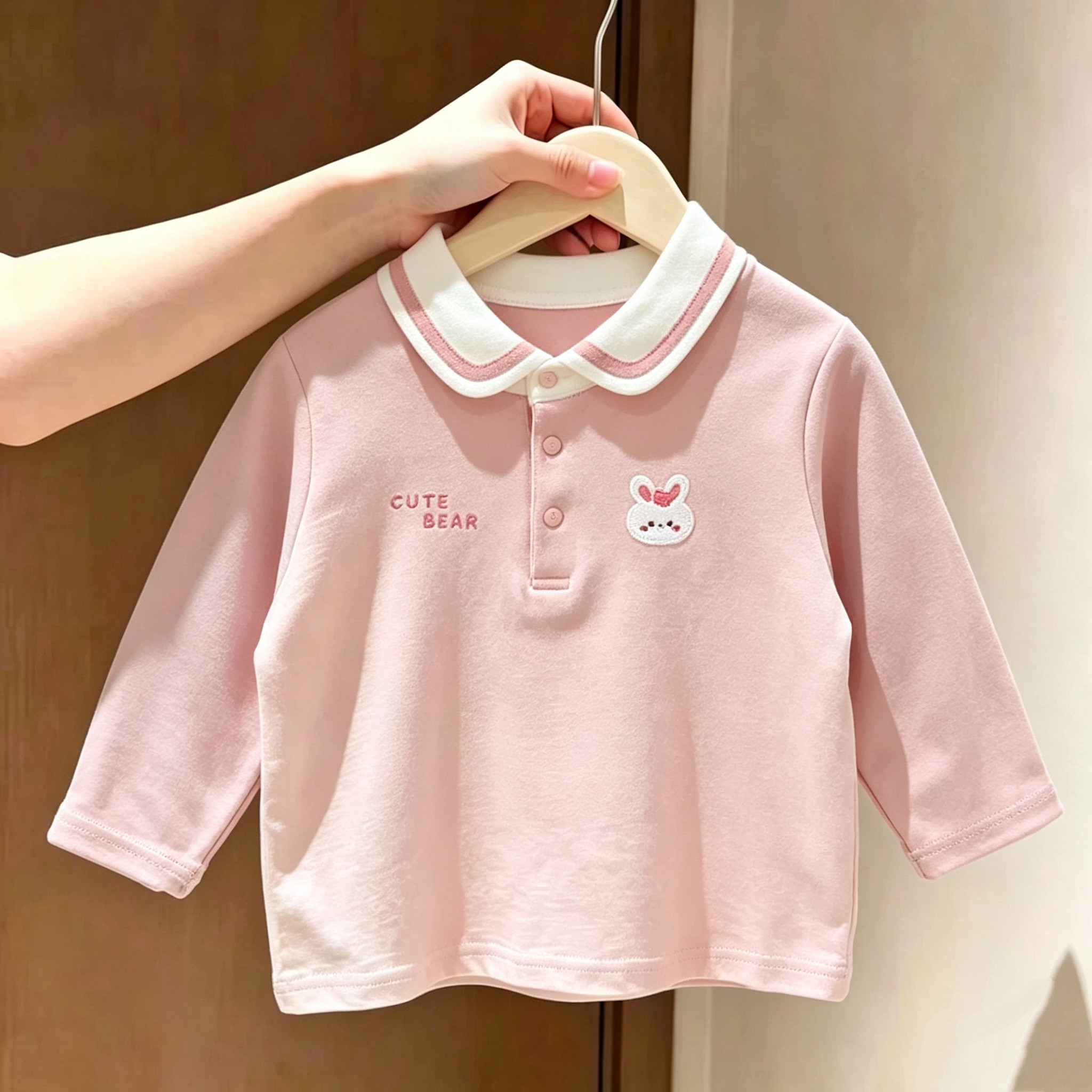女童长袖POLO衫春秋款洋气粉色翻领上衣小兔子刺绣宝宝纯棉上衣
