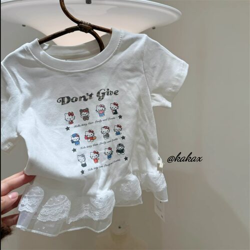 韩系童装女童夏季纯棉kt猫印花下摆拼接蕾丝洋气甜美短袖T恤新款