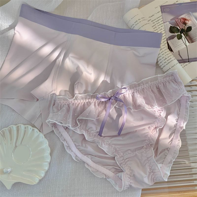 新款~~情侣内裤一男一女纯欲风紫色蕾丝边夏季冰丝情侣款内裤套装