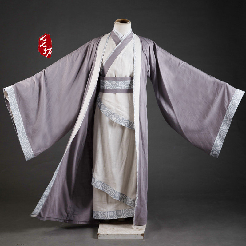 七七坊男士汉服全套华服正规拜师国学文雅孔子竹节棉麻双绕曲裾袍