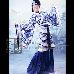 七七坊正统汉服华服周制秦手绘青花瓷贡缎中国风双绕曲裾下裙整套