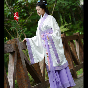 七七坊汉服全套华服秦汉提花绸正统双绕短曲裾配裙紫粉 素瑶款二
