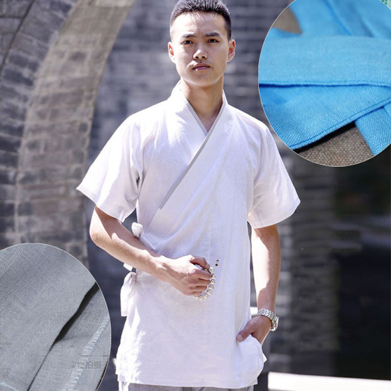 七七坊汉服元素男士华服半臂国学禅意夏装交领短袖棉麻衬衣竹节麻