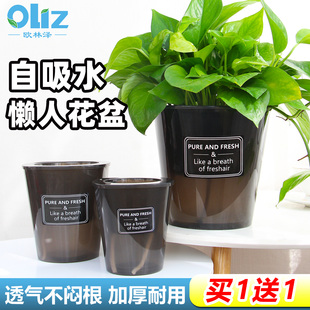 绿萝花盆自吸水花盆树脂水培家用透明懒人盆栽专用控根透气塑料盆