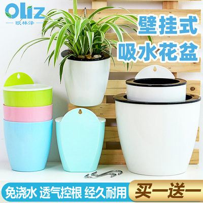 壁挂花盆挂墙上绿萝吊篮盆吊兰自吸水花盆挂壁免打孔悬挂塑料花盆