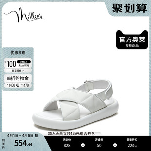 牛皮时尚 6BL3 妙丽奥莱夏季 millie& 商场同款 100 39;s 休闲女凉鞋