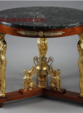 实木纯铜雕刻人物镀金大理石角几