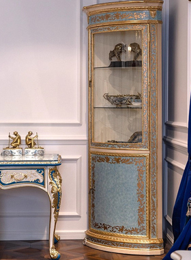 杰茜家高端实木家用三角柜精美彩绘蓝色客厅单门装饰玻璃酒柜正品