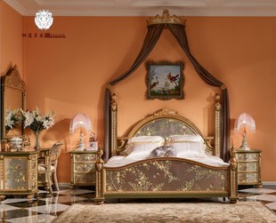 杰茜家高端正品 实木蔷薇公主系列卧室手工彩绘金箔双人床 法式
