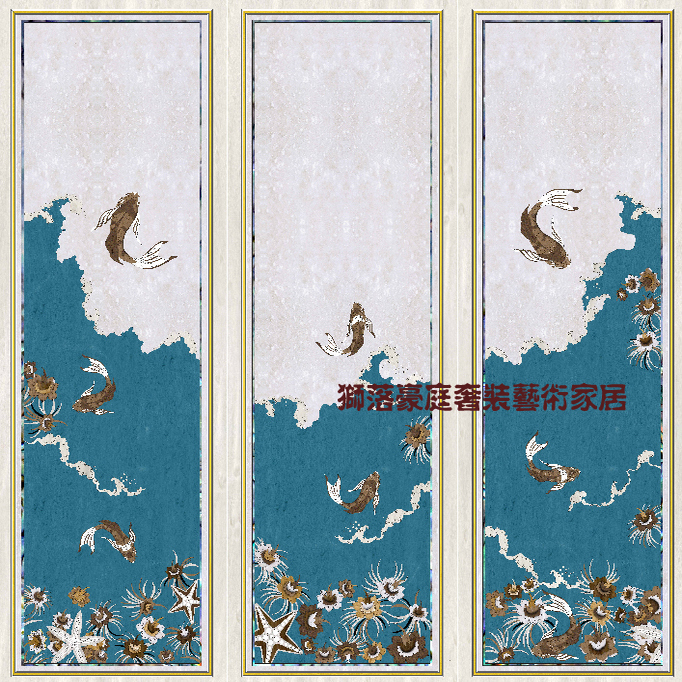 天然贝壳手工镶嵌实木三折屏风