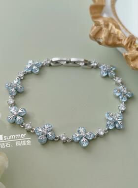 蓝色锆石四叶草手链复古超闪