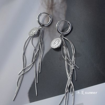 长款银色流苏耳环金属冷淡风复古古币耳钉欧美风个性时尚链条耳坠