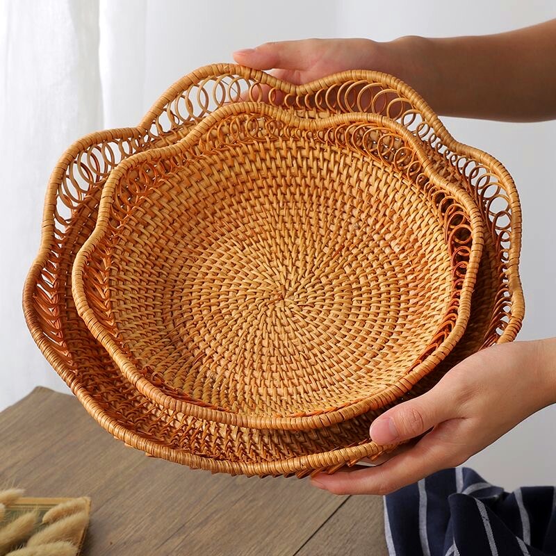 越南藤编镂空花边果篮收纳筐点心篮面包篮馒头筐家用客厅水果盘