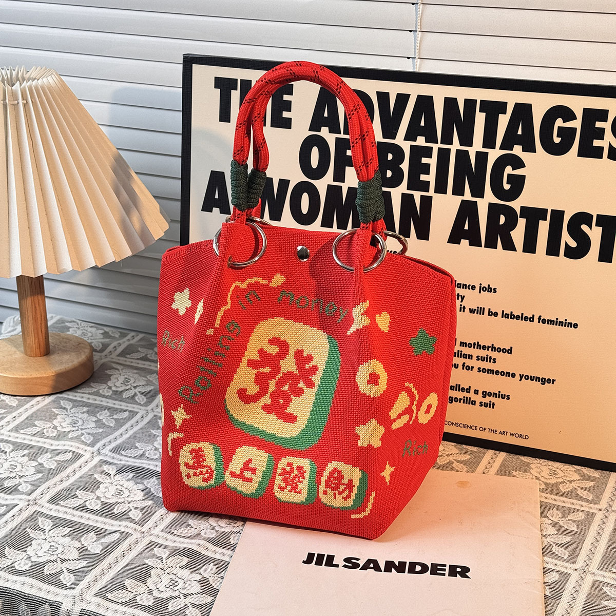 新年款红色喜庆针织手提包大容量水桶包伴手礼袋中国马上发财有钱